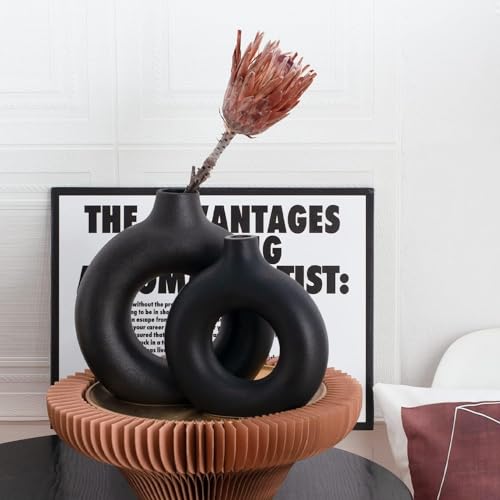 Black Ceramic Donut Vase Set of 2, Hollow Round Matte Pampas Flower Vases for Boho Home Wedding Party Room Dinner Table Shelf Decor.（Black） - color: Black, size: Donut Set of 2