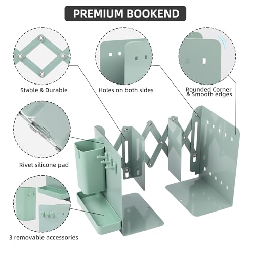 Adjustable Bookends, 19" Metal Book Ends for Heavy Books, 2 Dividers Bookends with Removable Pen Holder, Tray, and 3 Hook-up, Book Organizer for Office, School, Bookstore, Home - color: Green