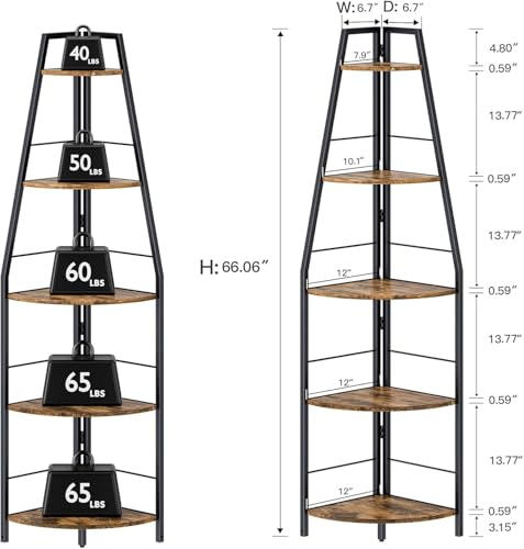 Gemfueque Versatile 66-Inch Tall Corner Shelf, 5-Tier Ladder Bookshelf, Easy Assembly Black Metal Frame Wood Shelf for Living Room, Bedroom, Home Office