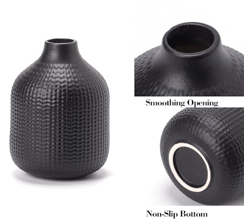 Black Ceramic Vases for Decor, 3 Set Weave Style Modern Minimalist Farmhouse Decoration for Table Shelf, Bookshelf Decoration - color: 14 Black