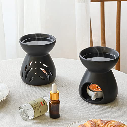 ComSaf Essential Oil Burner Wax Melt Burners Set of 2, Aromatherapy Aroma Burner Ceramic Oil Diffuser Candle Tealight Holder Home Bedroom Decor Christmas Housewarming Gift, Black - color: Black