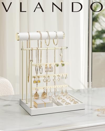 VLANDO Jewelry Stand Organizer with Ring Holder, Jewelry Holder Organizer with Tray, Necklace Holder Bracket Holder Earring Holder - White - color: White