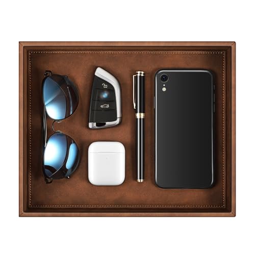 SITHON Valet Tray Desk Organizer, PU Leather Catchall Bedside Vanity Tray Nightstand Caddy Coin Box Key Jewelry Storage Organizer, Valentine's Day Gift, Brown - color: Brown