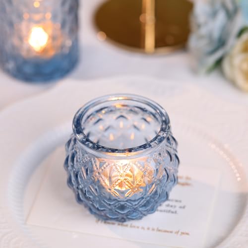 DARJEN Blue Glass Votive Candle Holders Set of 24 - Round Tea Lights for Wedding, Shower, Party & Gift - color: Blue, size: 24 Pcs