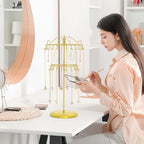 iDavosic.ly 2 Tier Rotating Necklace Holder Organizer with 42 Hooks, Adjustable Metal Bracelet Display Stand Rack, Extra Tall Keychain Spinning Tree Tower for Women, Gold - color: Gold
