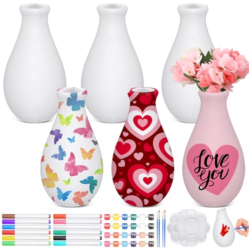 6 Set Mother's Day Ceramics to Paint DIY Your Own Ceramic Painting Kit for Crafts Vase to Paint Unpainted Plaster Paintable Kit Mother Art DIY Craft Supply with Brush Palette for Adult(Delicate) - color: Delicate