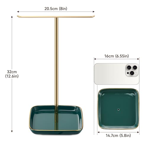 Jewelry Holder Stand with Ceramic Base: 12" Tall Necklace Organizer Rack, Tree Design Display Storage for Necklaces, Bracelets, Rings, Earrings, Aesthetic Room Décor for Girls and Women, Green - color: Green, size: 5.8" base