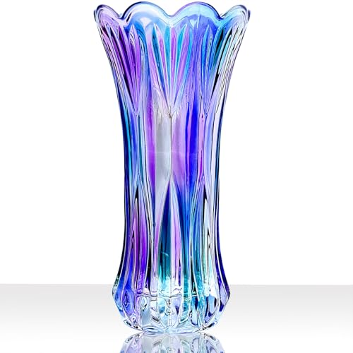 11.2 Inch Glass Vase-Iridescent Purple and Teal Thickened Cylinder Colorful Flower Vase Decor for Home Dining Table Centerpiece Office Wedding Holiday Party - color: Phoenix Tail Pattern-purple and Teal Iridescent, size: Tall