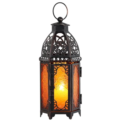 DECORKEY Moroccan Lanterns Decorative Indoor & Outdoor, 11’’ Medium Size Vintage Metal Hanging&Tabletop Candle Holder Decor, Halloween Christmas Ramadan Decorations for Home Porch Patio (Amber) - color: Amber - 11''h, size: Medium