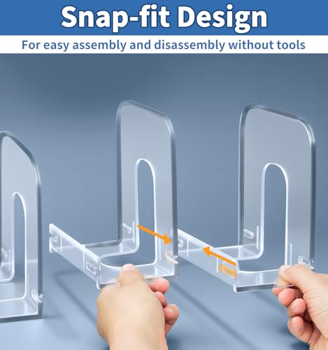 Clear Bookends, 12.8" Removable Book Ends for Heavy Books, 3 Dividers Bookends with Removable Pen Holder, Tray, and 2 Hook-up, Book Organizer for Office, School, Bookstore, Home - color: Clear