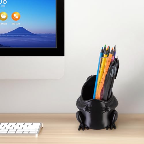 Cute Frog Pen Holder, Frog figurine Pencil Holder for Office Desk Decor, 3D Printed, Black, Durable and Fun Gift Idea - color: Black, size: Frog