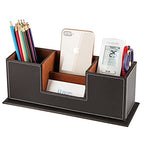 KINGFOM™ Double Holder Wood Leather Multi-Function Desk Stationery Organizer Dark Brown - color: Brown-l