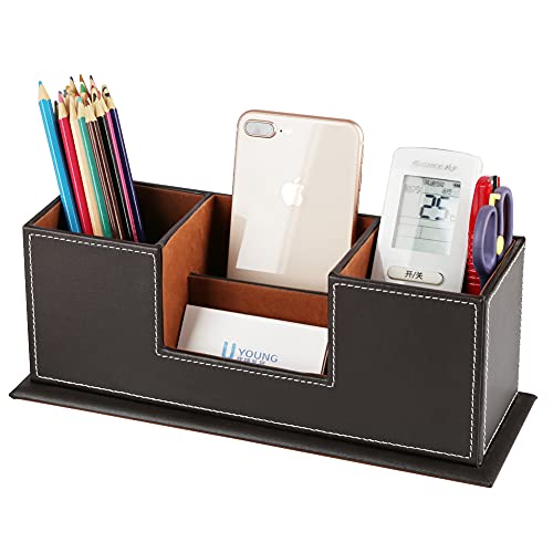 KINGFOM™ Double Holder Wood Leather Multi-Function Desk Stationery Organizer Dark Brown - color: Brown-l