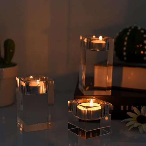 Kitcom Crystal Tealight Candle Holders Set of 3, 1.97/3.15/3.94 Inches Height, Heavy Solid Hand Cut Tealight Candlesticks Set, Table Centerpieces for Home Decor, Clear