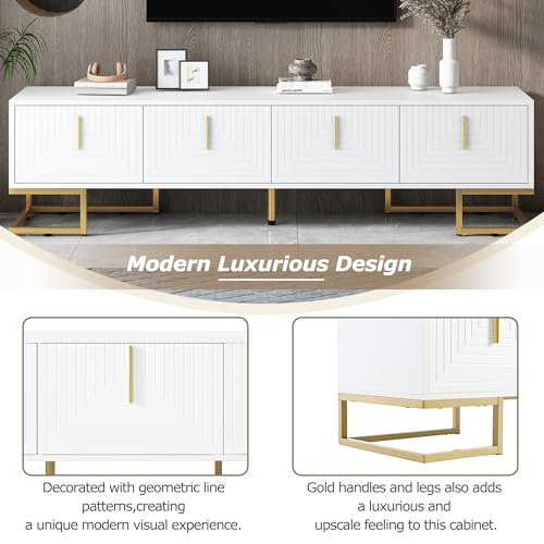 ON-TREND Modern TV Stand with Metal Legs and Gold Handles for TVs Up to 80'', Media Console Table with Cabinets and Adjustable Shelves, Luxury TV Cabinet with Geometric Lines for Living Room, White - color: White+gold1