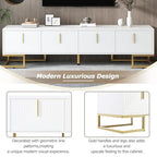 ON-TREND Modern TV Stand with Metal Legs and Gold Handles for TVs Up to 80'', Media Console Table with Cabinets and Adjustable Shelves, Luxury TV Cabinet with Geometric Lines for Living Room, White - color: White+gold1