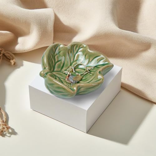 Jewelry Tray, Ceramic Leaves Jewelry Dish, Ring Holder Dish, Small Trinket Tray, Washable Key Bowl(Green) - color: Green