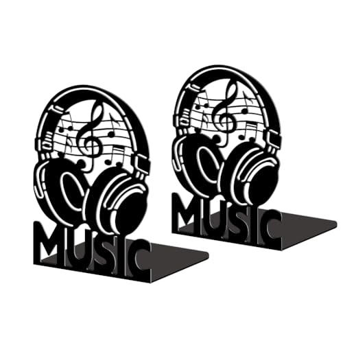 Peacoblue Metal Bookends for Shelves, Headphones with Music Notes Modern Decorative Heavy Duty Study Book Ends Stoppers for Office Desk Shelf Room 5.3"x4.3"x7.9" Cast Iron Simple Tall Bookends 1 Pair - style: Headphones with Music Notes