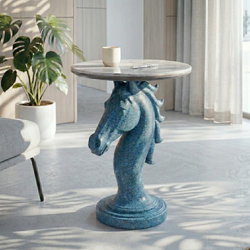 Luxury Horse Statue Round Side Table - 24" Faux Marble Top End Table, Luxury Resin Animal Sculpture Pedestal, Unique Artistic Accent Table for Living Room, Bedroom & Office, Navy Blue - color: Blue Horse
