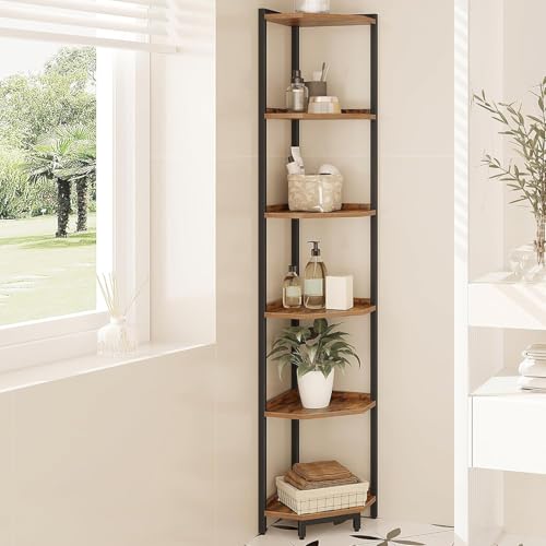 Hzuaneri Corner Shelf Stand, Corner Bookshelf, Storage Standing Shelf Unit with Metal Frame, Plant Stand, Bookcase for Living Room, Home Office, Bedroom, 6-Tier Rustic Brown CS06001B - color: Rustic Brown, size: 6 Tier