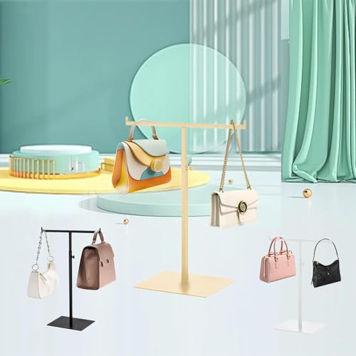 Purse Display Stand T Shaped, Countertop Jewelry/Scarf/Handbag T-Bar Display Stand, Tabletop Double Hook Hanging Stands for Long Necklaces, Metal with Adjustable Height - Gloden - color: Golden