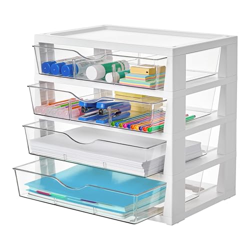 Vtopmart Clear Desk Organizer, 4-Tier Assemble Desktop File Organizer with Drawers, Office Desk Organization for Office Supplies