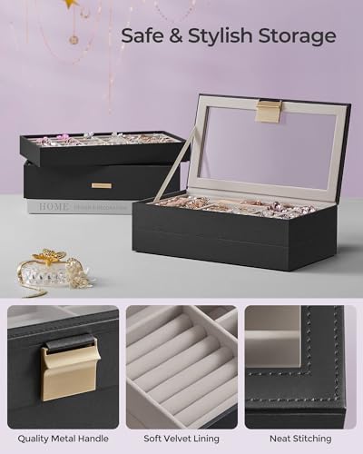 SONGMICS Stackable Jewelry Trays, 4-Tier Jewelry Box, Drawer Jewelry Organizer, with Glass Lid, Removable Dividers, for Vanity Table, 6.7 x 11 x 7.2 Inches, Gift Idea, Ink Black UJBC164B01 - color: Ink Black