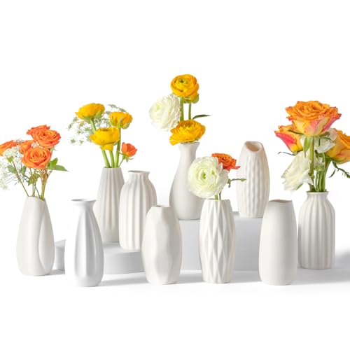 Small White Ceramic Vase Set of 10 - Mini Bud Vases for Flowers and Pampas Grass, Boho Centerpieces for Home and Party Decor, White Vases Home Decor, Ceramic Vase Set for Weddings - color: White-10pcs