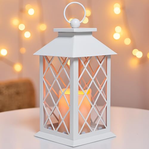 13" Metal Vintage Lantern with Pillar Flameless Candles, Battery Operated Decorative Hanging Retro Iron Lantern with LED Plastic Candle (White) - color: White