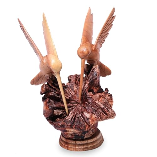 NOVICA Artisan Crafted Handcarved Wood Sculpture | Hummingbird Figurine Decor | Sustainable Animal Themed | Benalu & Jempinis Wood | NAT Geo Decoration | Indonesia ' Hummingbird Couple' 7.5" H x 6" W