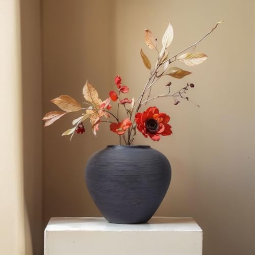 Rustic Black Ceramic Vase with Textured Finish, Large Round Terracotta Vases for Farmhouse Home Decoration, Wide Mouth Vintage Pottery Vases for Living Room, Kitchen, Table Centerpieces - size: Small