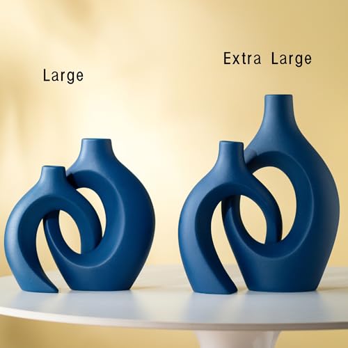 Lvases Snuggle Hollow Ceramic Vase Set of 2, 11Inch Nordic Modern Boho ins Style Decorative Ceramic Aesthetic Flower Vases for Home Decor Living Room Shelf Table Decorative (Matte Navy Blue) - color: Extra Large Navy Blue