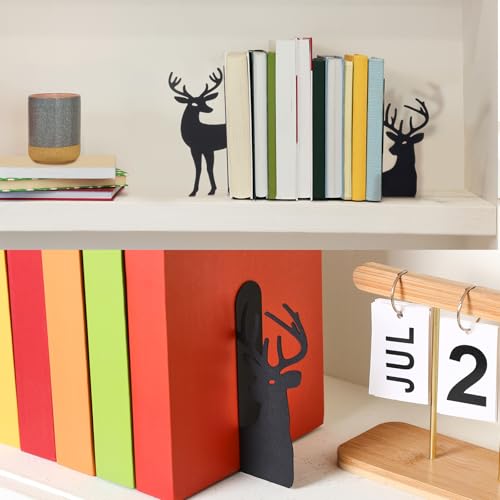 Geelin Reindeer Metal Bookends Set of 2 Black Reindeer Head Christmas Book Ends for Shelves Elk L Shaped Book Organizer for Desk Organizer Deer Lovers and Reading Enthusiasts - style: Christmas Reindeer