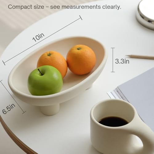 WENSHUO Three-Legs Ceramic Fruit Bowl for Kitchen Counter, Decorative Bowl for Table Décor, 10-inch Oval Large Bowls for Breads (Matte Crème) - color: Matte Crème