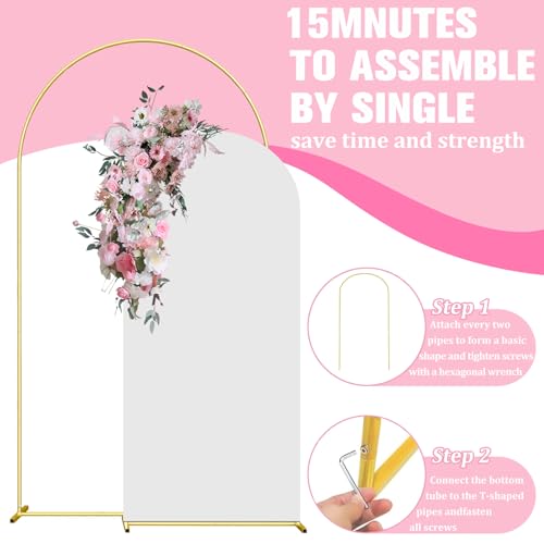 6.6FT Arch Backdrop Stand and Arch Cover Set, Gold Metal Arch Stand Backdrop with White Arch Stand Cover Ideal for Weddings, Birthday Parties, Baby Showers, Celebration Decorations - size: 6.6 FT