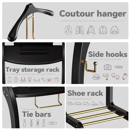 Suit Valet Stand for Men, Wood Mens Valet Stand with Base, Contour Hanger, Tray, Trouser Bar and Tie Bar, Clothes Valet Stand for Bedroom Entryway Home Living Room Office (Black) - color: Black
