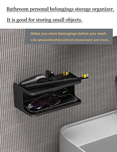 Bedside Wall Shelf Organizer Small Bedside Shelf Wall Mount for Bed Universal Stick on Wall Shelf Double Tray Holder for Storing Cellphone, Glasses, Keys, Camera, Alarm Clock (Black) - color: Black