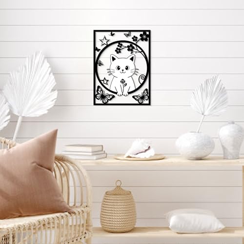 GlintHome Large Metal Wall Art - Cat Decor Flower and Butterflies Wall Sculptures for Bathroom Bedroom Living Room Kitchen Office Garden Home Wall Decoration - 11x14 Inches - color: Black-1, size: Small