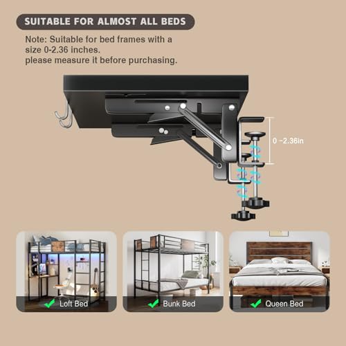Magheo Foldable Bedside Shelf, Metal Clip-On Bunk Bed Table Shelf for Top Bunk Heavy Duty Bed Side Table Tray for College Dorm Room Essentials, Loft Nightstand Organizer Tray with 3 Cord Hole(Black) - color: Black, size: 14.76" x 9.68" x 0.79"