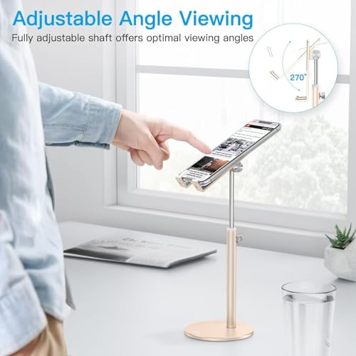 OMOTON Cell Phone Stand, Angle Height Adjustable Phone Stand, Aluminum Desktop Phone Holder Dock Stand for Desk, Compatible with iPhone 17 Pro Max, All Smartphones and Tablets(4-11''),Gold - color: Gold