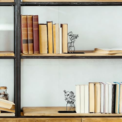 2Pcs 2 Styles Flower Vase Bookends Book Stopper Vase Modern Minimalist Design Black Decorative Heavy Duty Metal Book Ends for Shelves Office Desk Organizer Stylish 7.48 x 6.3 x 1.18 Inch - color: Vase