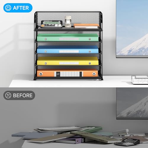 Lavatino 5 Tray Desk File Organizer, Black Mesh Paper Sorter Letter Tray Organizer with Handle, Desktop File Organizer and Storage for Letter/A4 Office File Folder - color: 5 Tier - Black, size: 12.6" x 9.1" x 11.5"