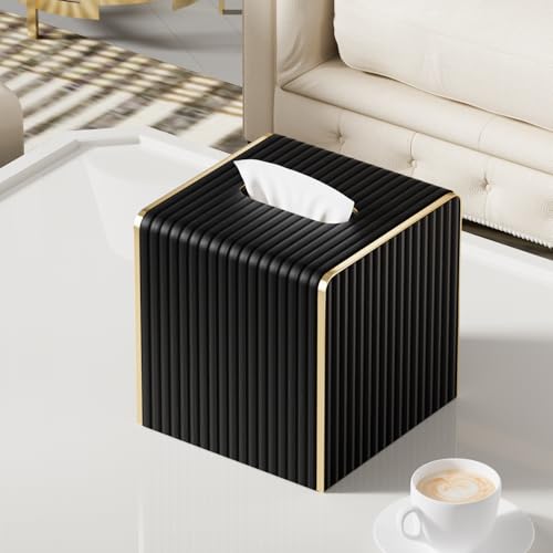 Tissue Box Cover,Black Square Luxury PU Leather Tissue Holder with Gold-Tone Edging Accents,Tissue Box Cover for Bathroom Toilet Bedroom Living Room Table Desk Office,Coffee Table Decor - color: Black, size: Square Standard