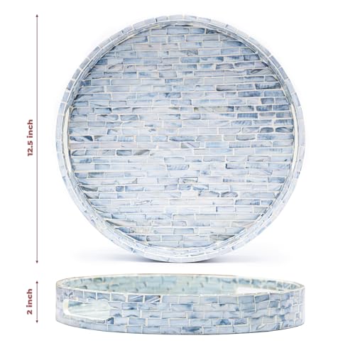 CLAYNIX Serving Tray 12.5 Inch Round, Wooden Lacquer Tray with Mother of Pearl Inlay, Elegant Tea & Breakfast Tray with Handles (Round)