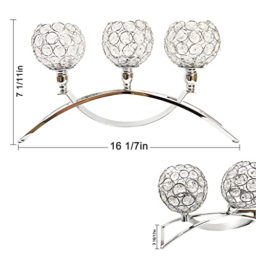 Crystal Candle Holders, 3 Arms Crystal Candelabras, Coffee Table Decorative Centerpieces for Living Room,Dinning Room Christmas Decoration, Wedding Decor,Home Decor,Wedding Gifts(Silver)