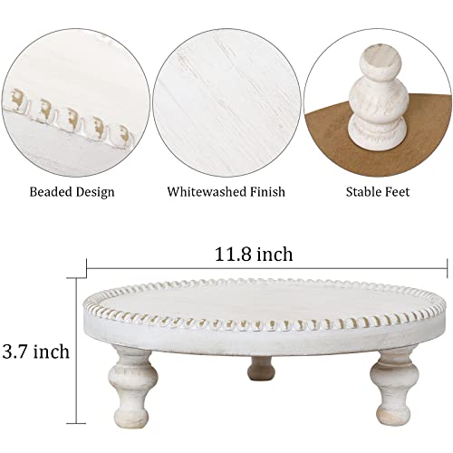 SwallowLiving Rustic White Round Wood Tray Riser Farmhouse Pedestal Stand with Beaded Edge for Decor Whitewash Finish Wooden Cupcake Display for Cakes and Decorative Items 11.8 inches - color: Rustic White