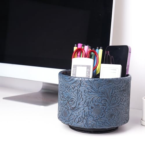 lizimandu Round Leather Art Supply Organizer,Remote Control Holder,360 Degree Spinning,Multi-Functional Pencil Holder,4 Compartments Desktop Stationary Organizer(1-Carved Dark Blue) - color: 1-Carved Dark Blue