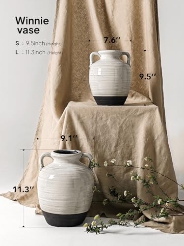 Large White Ceramic Vase - 11.3 Inch Rustic Farmhouse Vase with Handles for Home Decor, Vintage Tall Vases for Living Room, Table, Bathroom, Holiday & Weddings (Aurora White) - color: Aurora White-11.3"