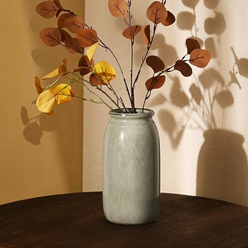 VICTOR & TERESA Rustic Green Vase for Home Decor, Ceramic Vases for Flowers, Modern Farmhouse Decorative Vases for Pampas Grass,Table Accent, Mantel, Living Room,Bookshelf, Centerpieces, 8'' - color: Green, size: Medium-8''