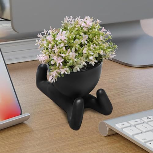 Zerzsy Human-Shaped Artificial Succulent Plant, Office Decor for Women and Men, Aesthetic Desk Plant Decor for Office and Home, Potted Small Fake Plants for Indoor Decoration - Set of 1 - color: Black-c